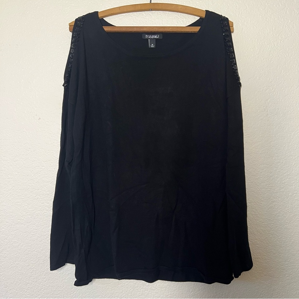 Women's Roz & Ali Black Cut Out Shoulder Long Sleeve Top Rhinestone Size Medium